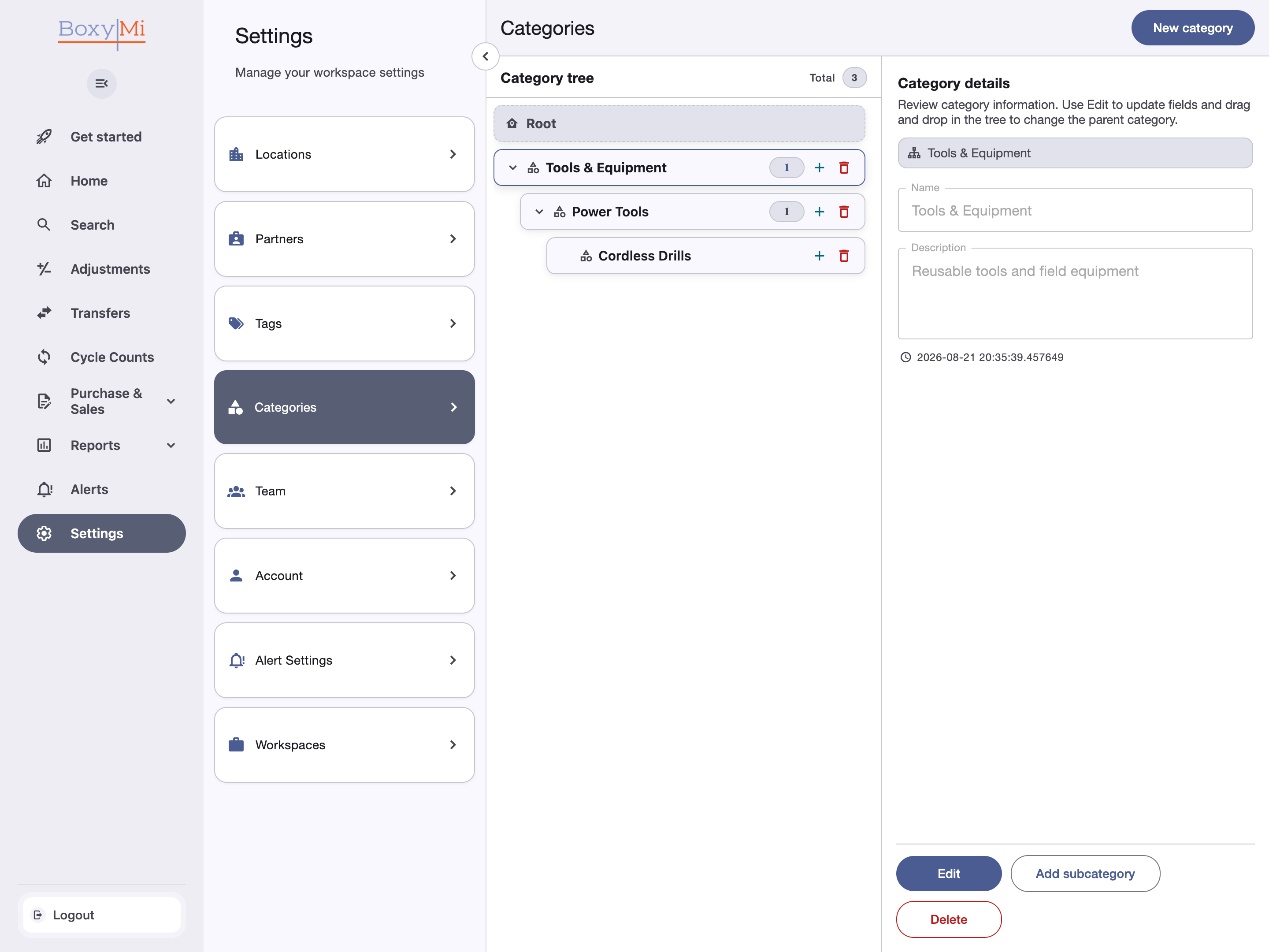 Configuración de categorías de Boxymi con el árbol de categorías, la jerarquía Tools and Equipment y las acciones disponibles