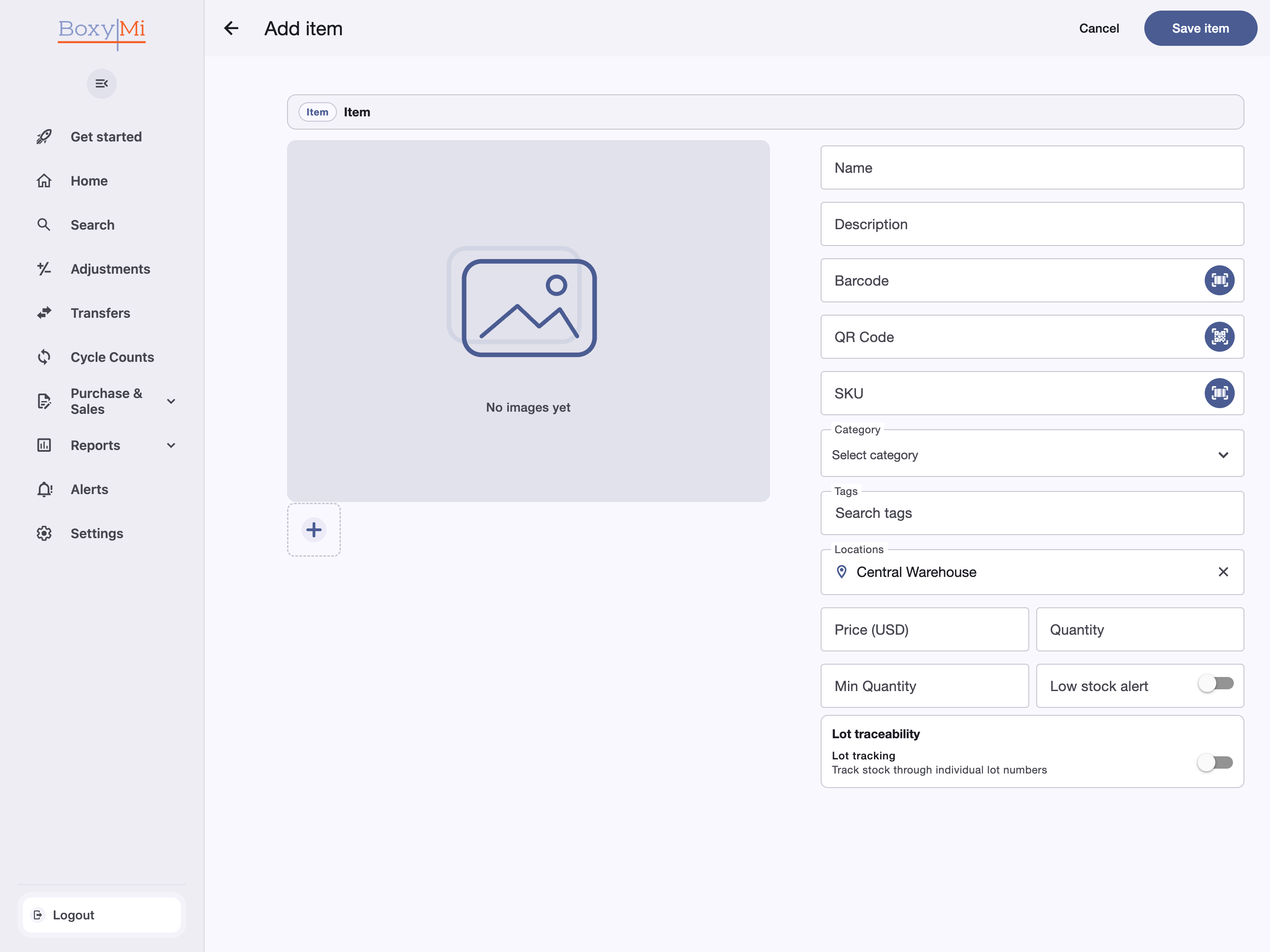 Pantalla Add item de Boxymi con la carga de imágenes, los campos de identificación, la categoría, las etiquetas, la ubicación, la cantidad y la acción Save item