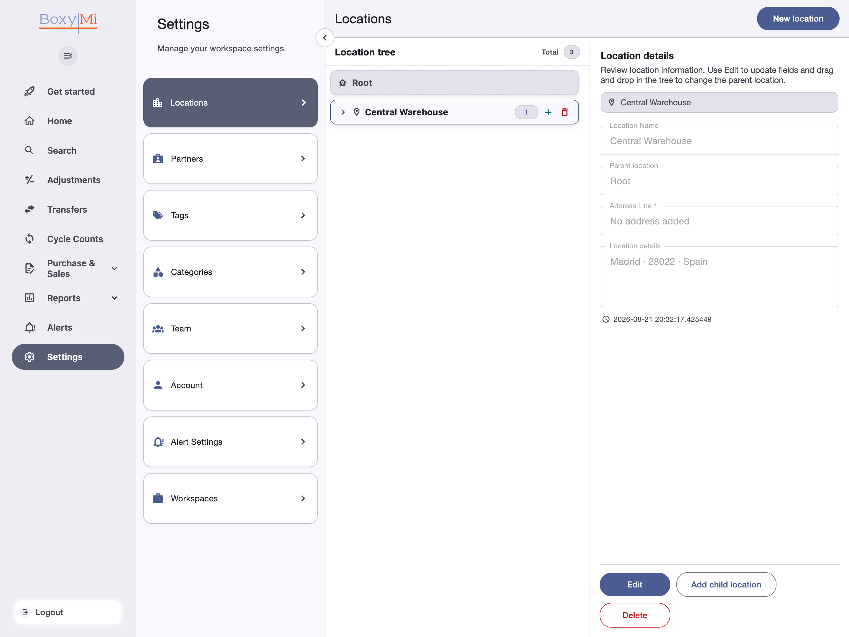 Configuración de ubicaciones de Boxymi con el árbol de ubicaciones, los detalles de Central Warehouse y las acciones disponibles