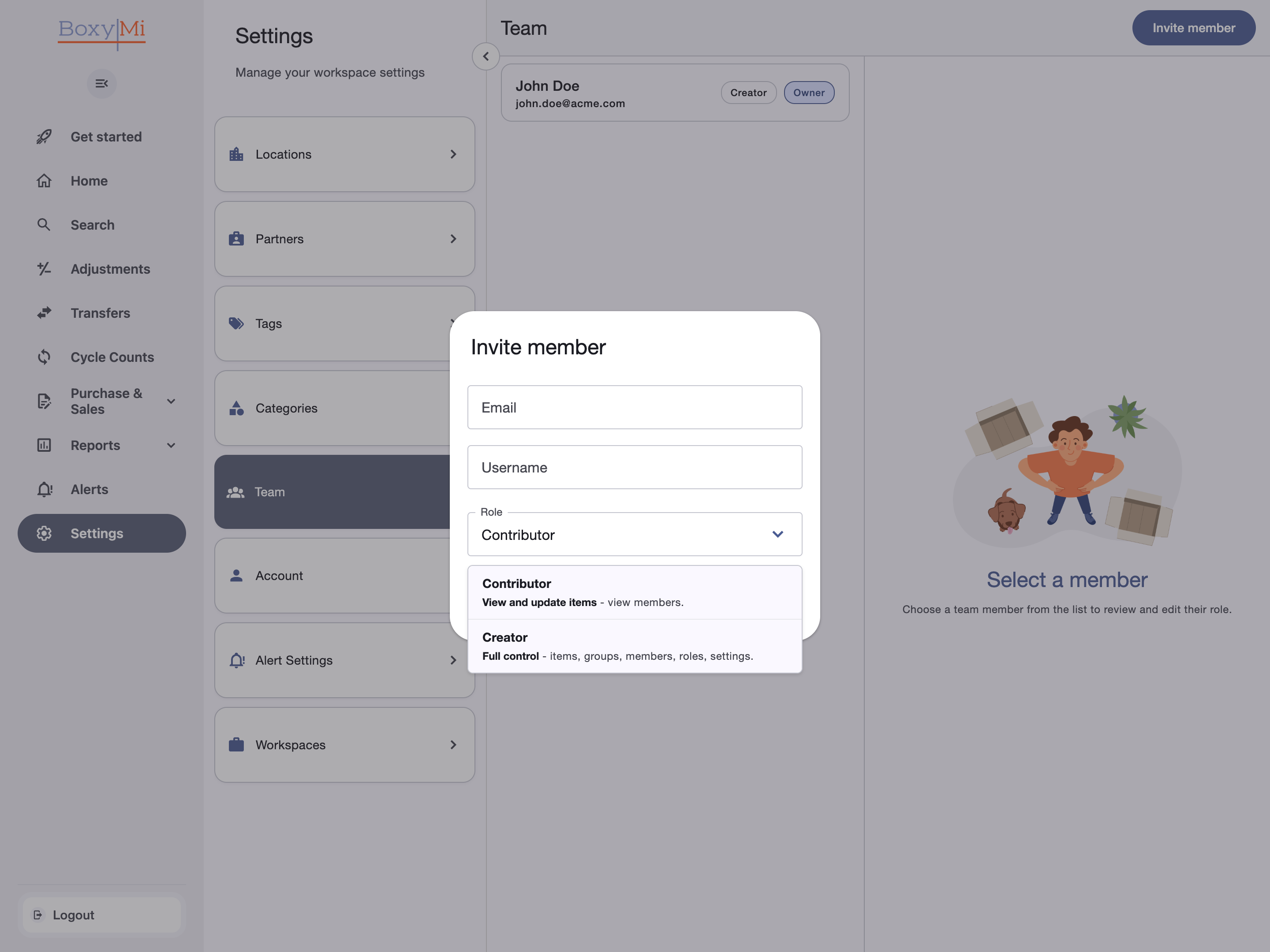 Configuración Team de Boxymi con el formulario Invite member, el correo, el nombre de usuario y las opciones de rol Contributor y Creator