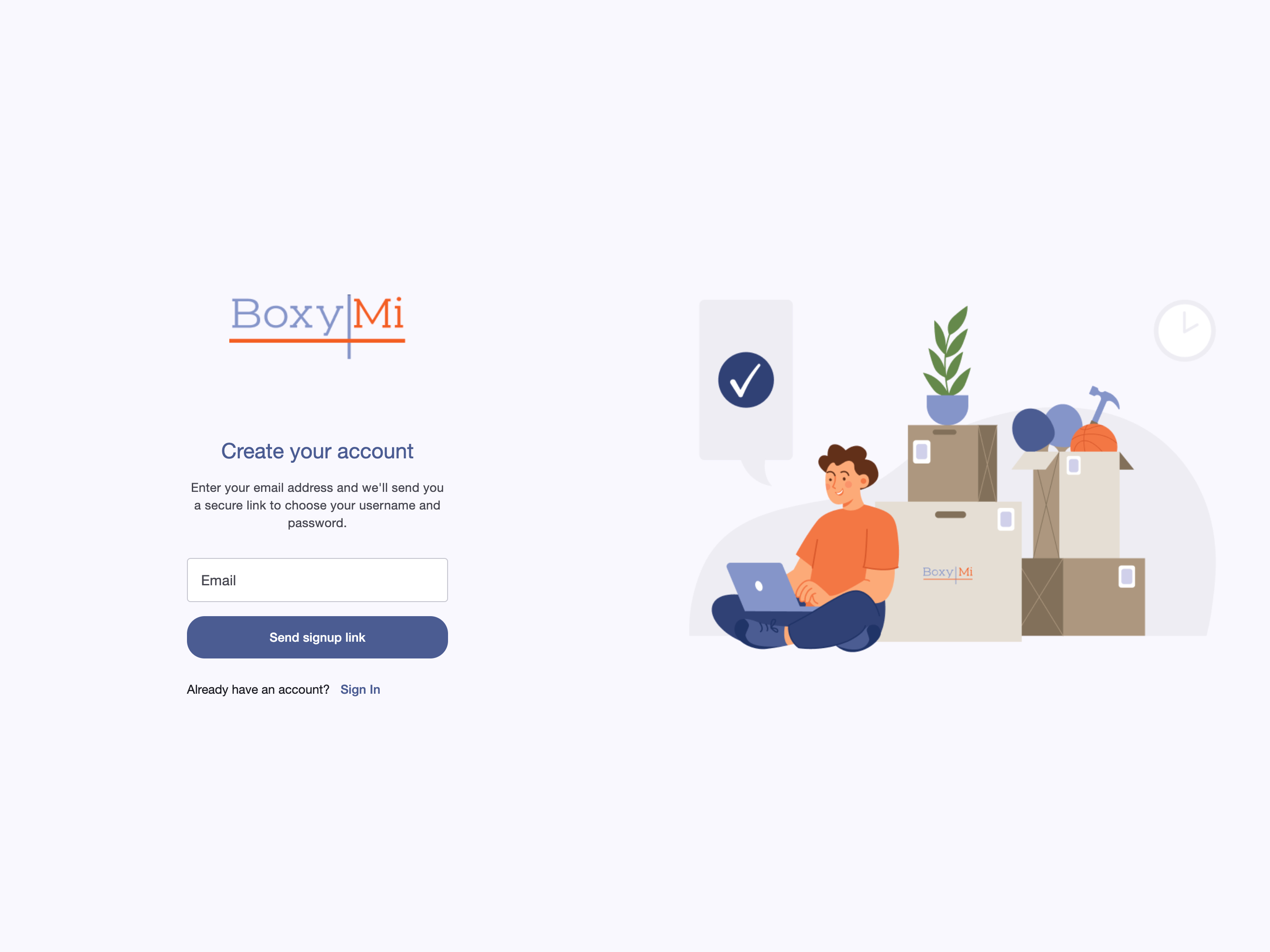 Página de registro de Boxymi con el campo Email y el botón Send signup link