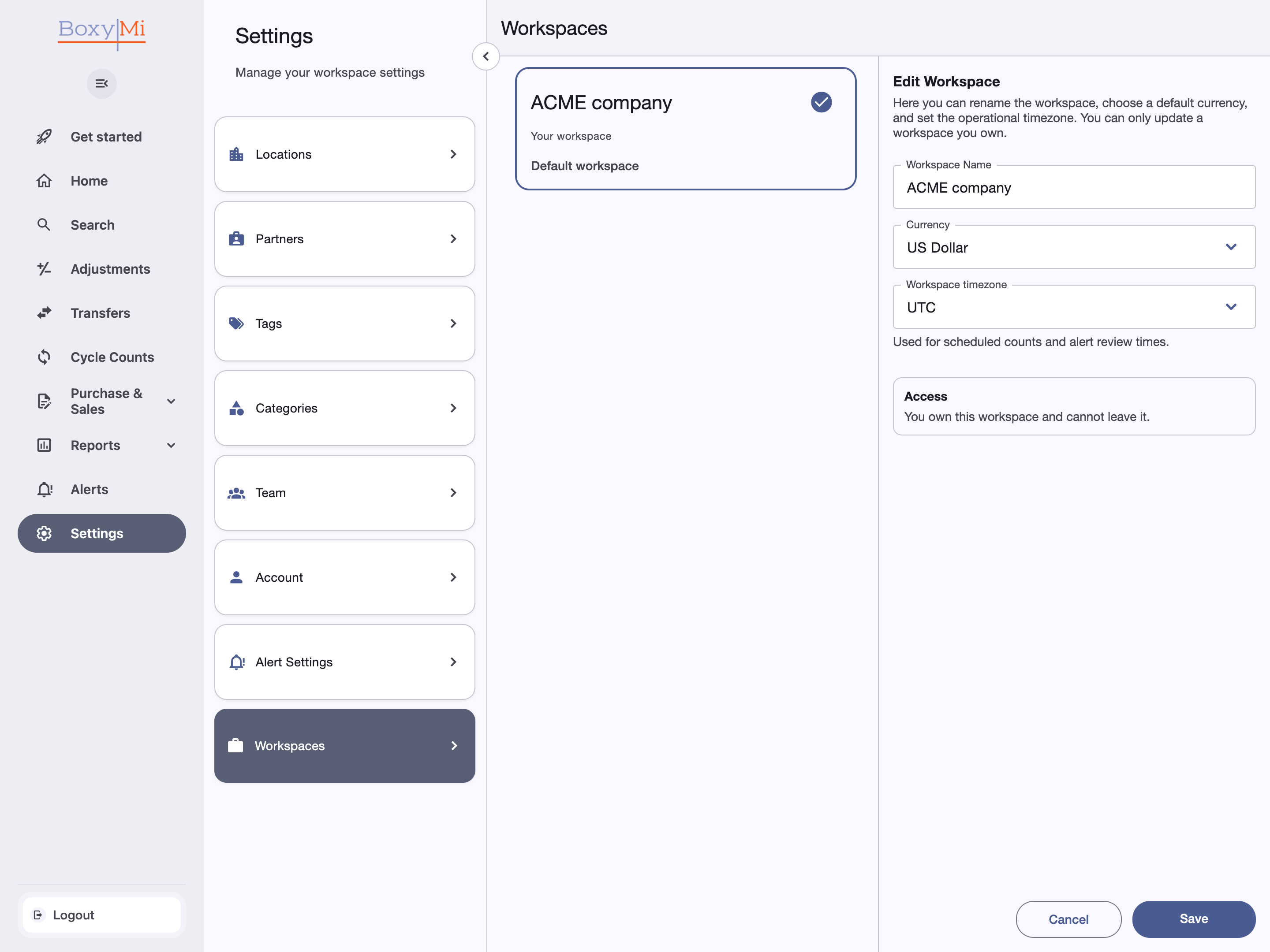Configuración del espacio de trabajo de Boxymi con el espacio activo, el nombre, la moneda, la zona horaria operativa y el botón Save