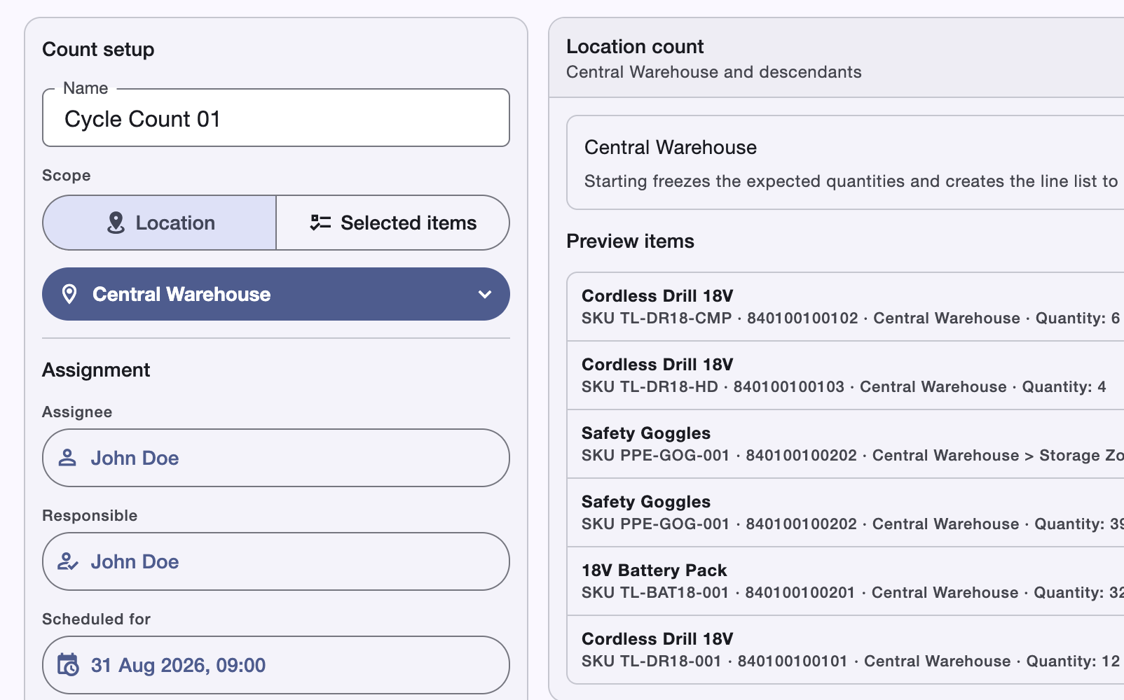 Configuración de un recuento cíclico en Boxymi con alcance por ubicación, asignación, programación y vista previa de artículos