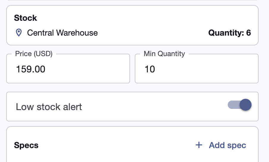 Configuración de stock de un artículo en Boxymi con ubicación, existencias, cantidad mínima y alerta de stock bajo activada