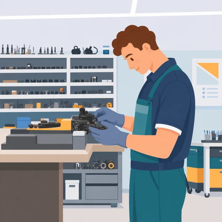 Técnico de automoción gestionando piezas del taller