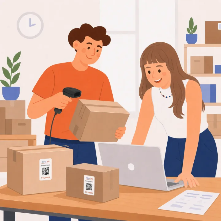 Equipo de comercio electrónico preparando pedidos etiquetados
