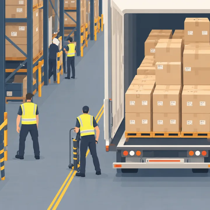Equipo logístico cargando inventario en un camión